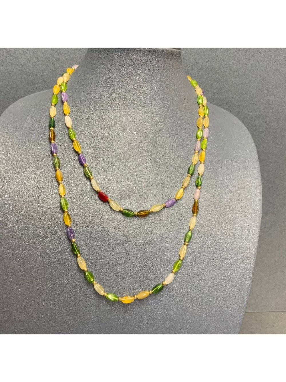 Multicolor Oval Beaded Necklace 48 In Gold Earthy Retro Glam Festival Hippie 70s